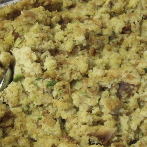 Step-by-step image guide on making herb-infused cornbread dressing, showcasing the golden-baked cornbread, fresh herbs, and the final delicious dressing ready to be served.